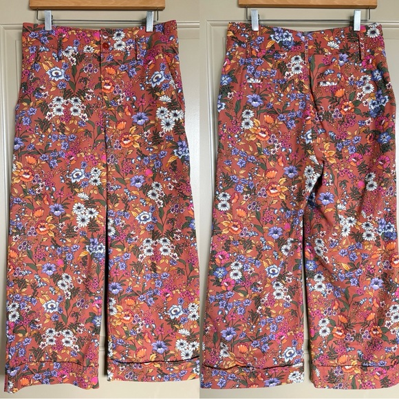 Maeve by Anthropologie Flower Power Orange Wide-Leg Cotton Crop Pants US 10 - Picture 2 of 7